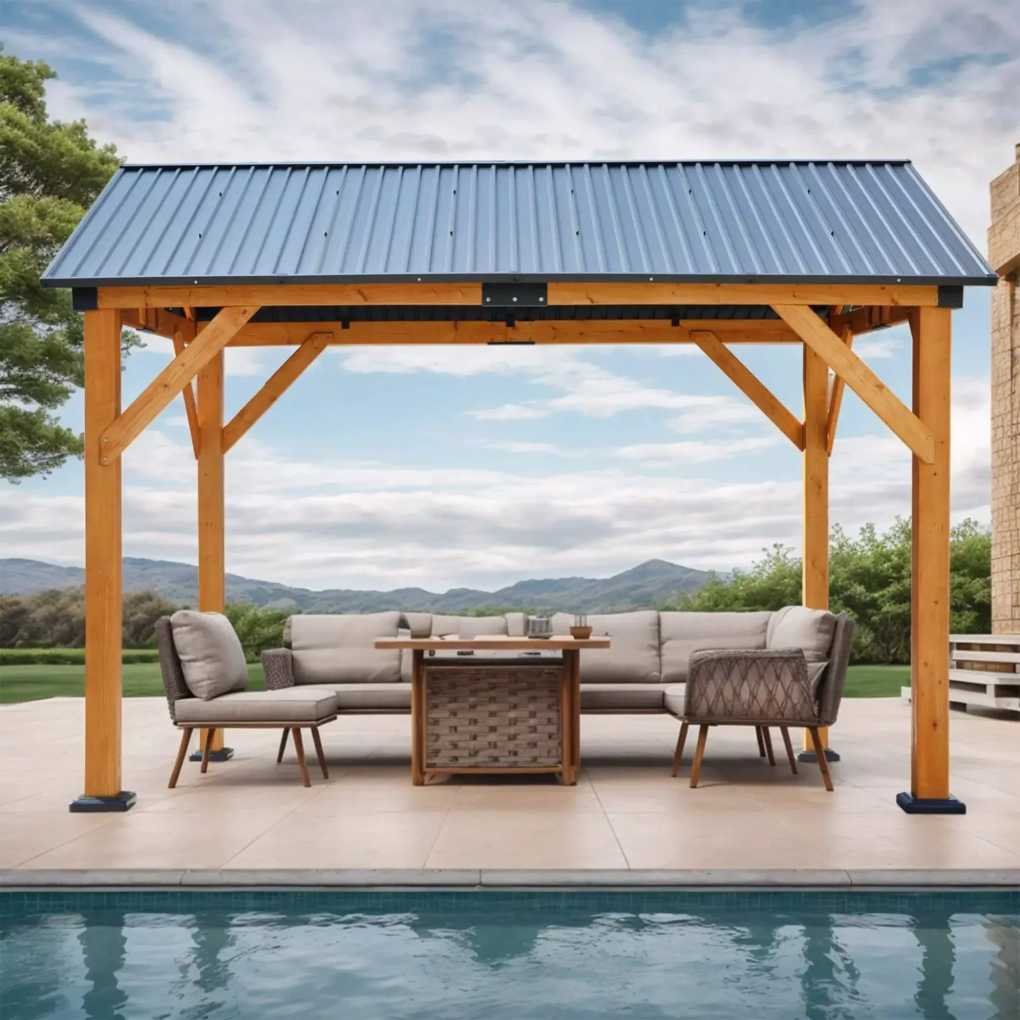 [09X11FT] Alora Heavy-Duty All-Weather Hardtop Wooden Carport Gazebo With Galvanized Steel Roof (SAK39187)