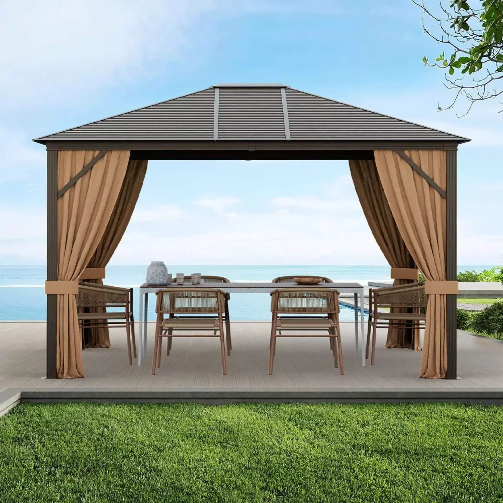 [10X12FT] Alora Premium Outdoor Hardtop Patio Gazebo With Galvanized Steel Top & Aluminum Frame (SAK74065)