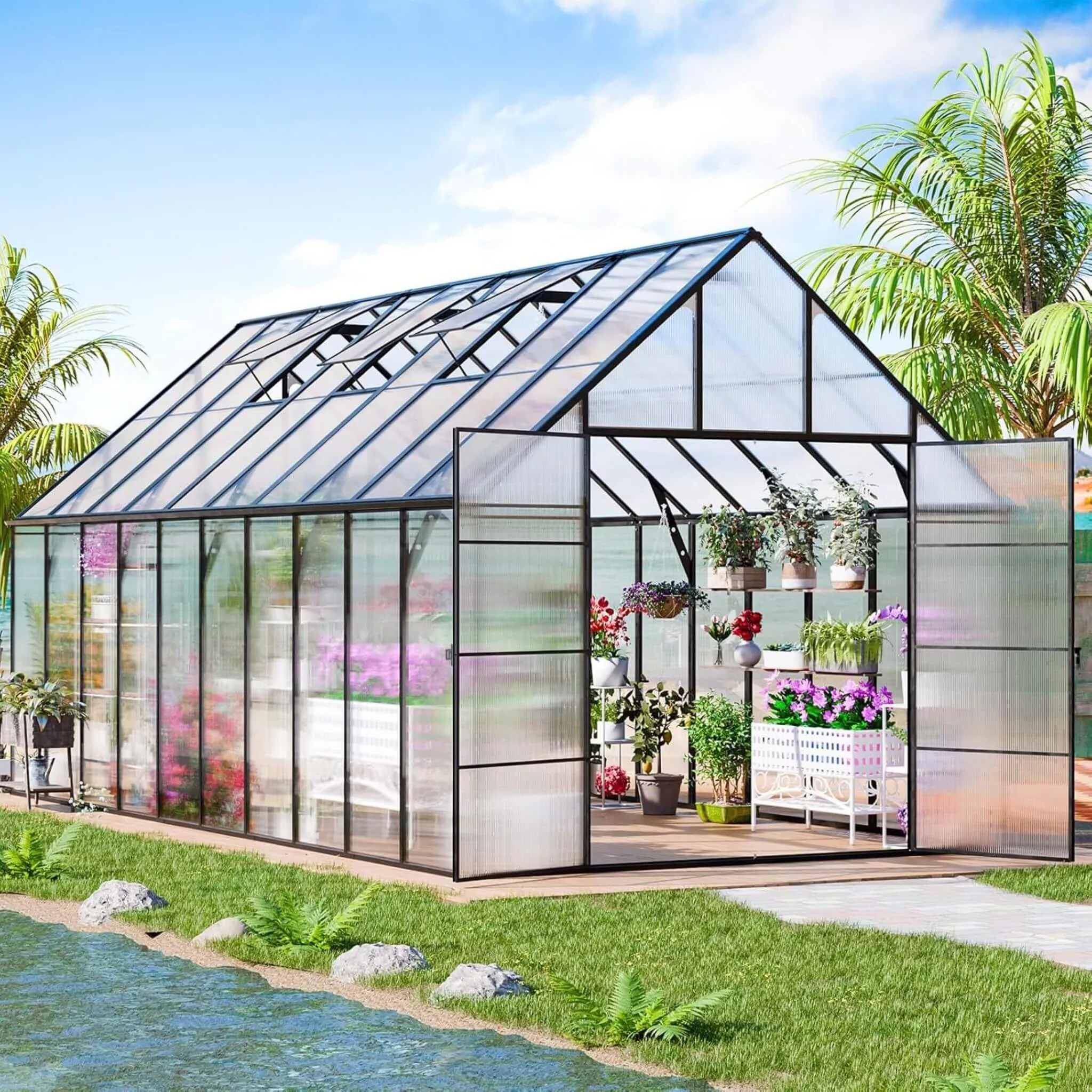 [10X20FT] Extra-Large Heavy-Duty Outdoor Backyard Greenhouse With Adjustable Roof Vents, 4MM (SAK59482)