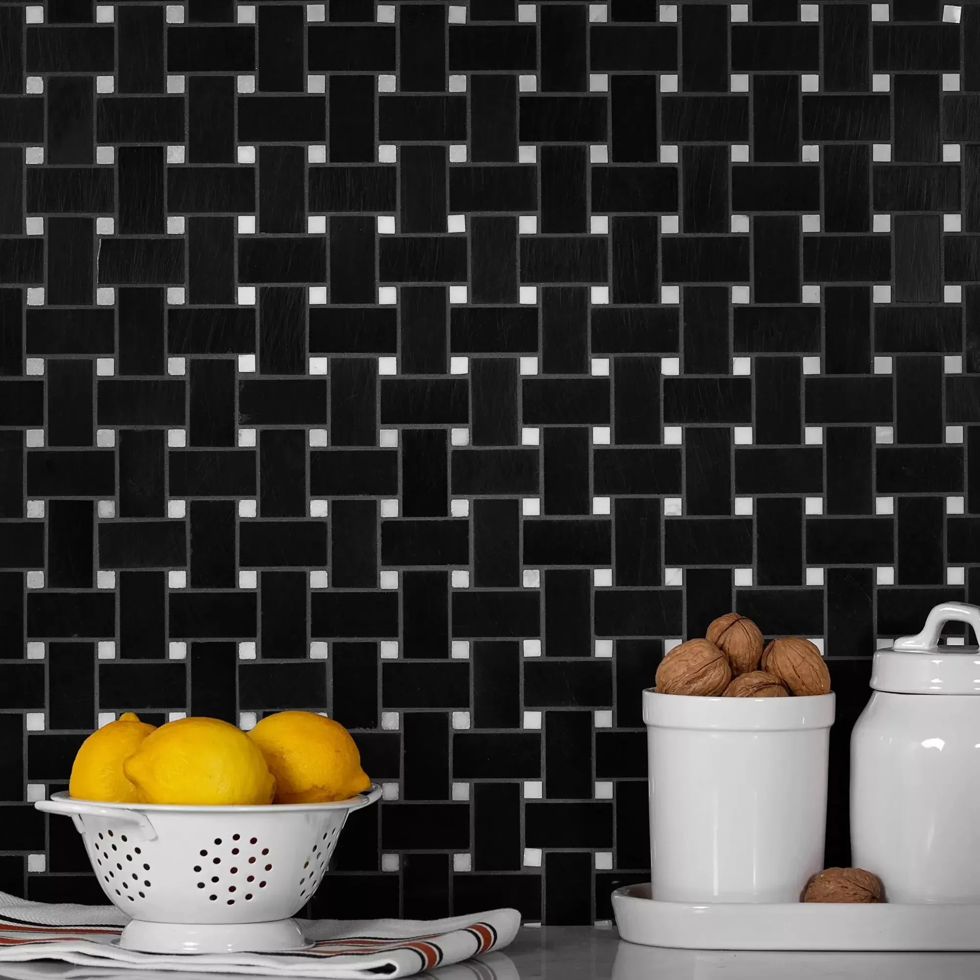 5-Pack Black 12-in x 12-in Polished Natural Stone Basketweave Patterned Floor and Wall Tile