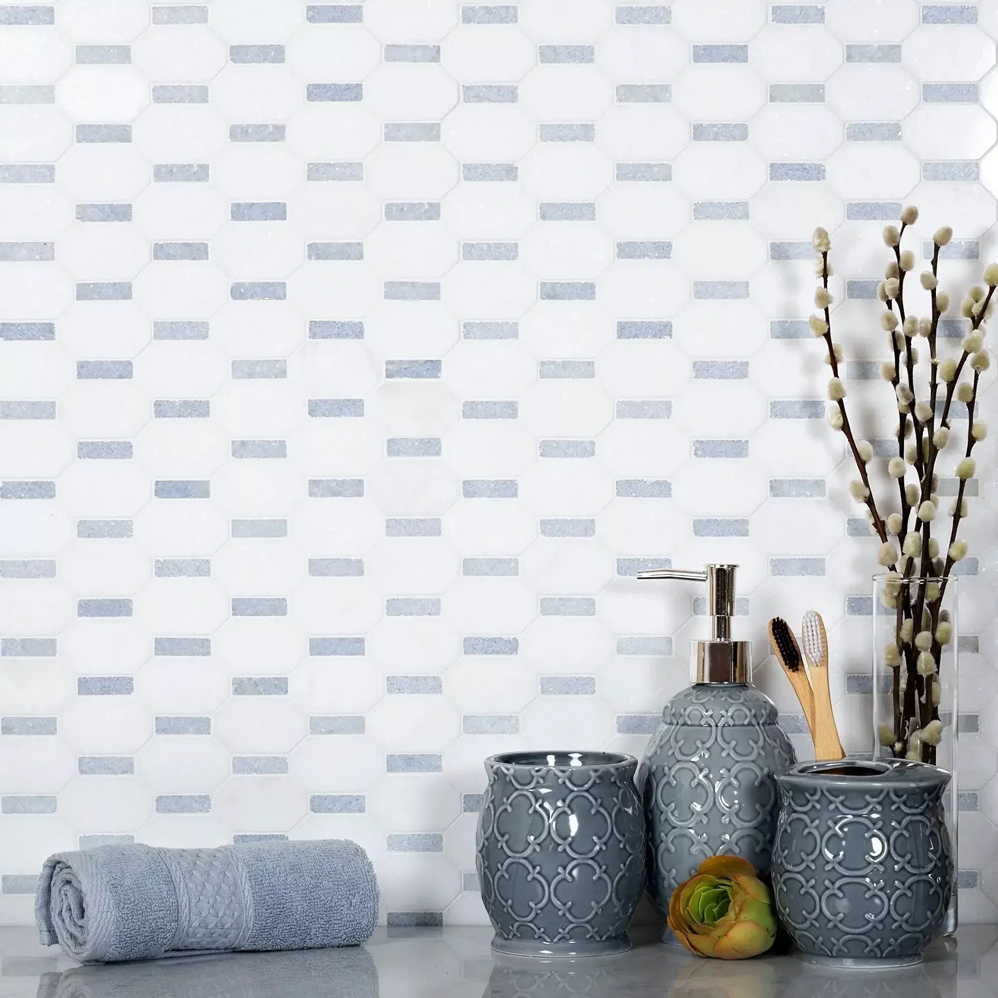 5-Pack White, Blue 11-in x 11-in Polished Natural Stone Floor and Wall Tile