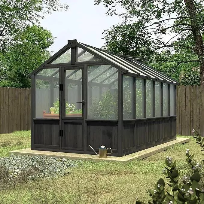 6x12 FT Greenhouse Kit for Outdoor, Thickened Polycarbonate Panel Wooden Walk-in Green House with Lockable Door and Adjustable Roof Vent, Backyard Garden, Black