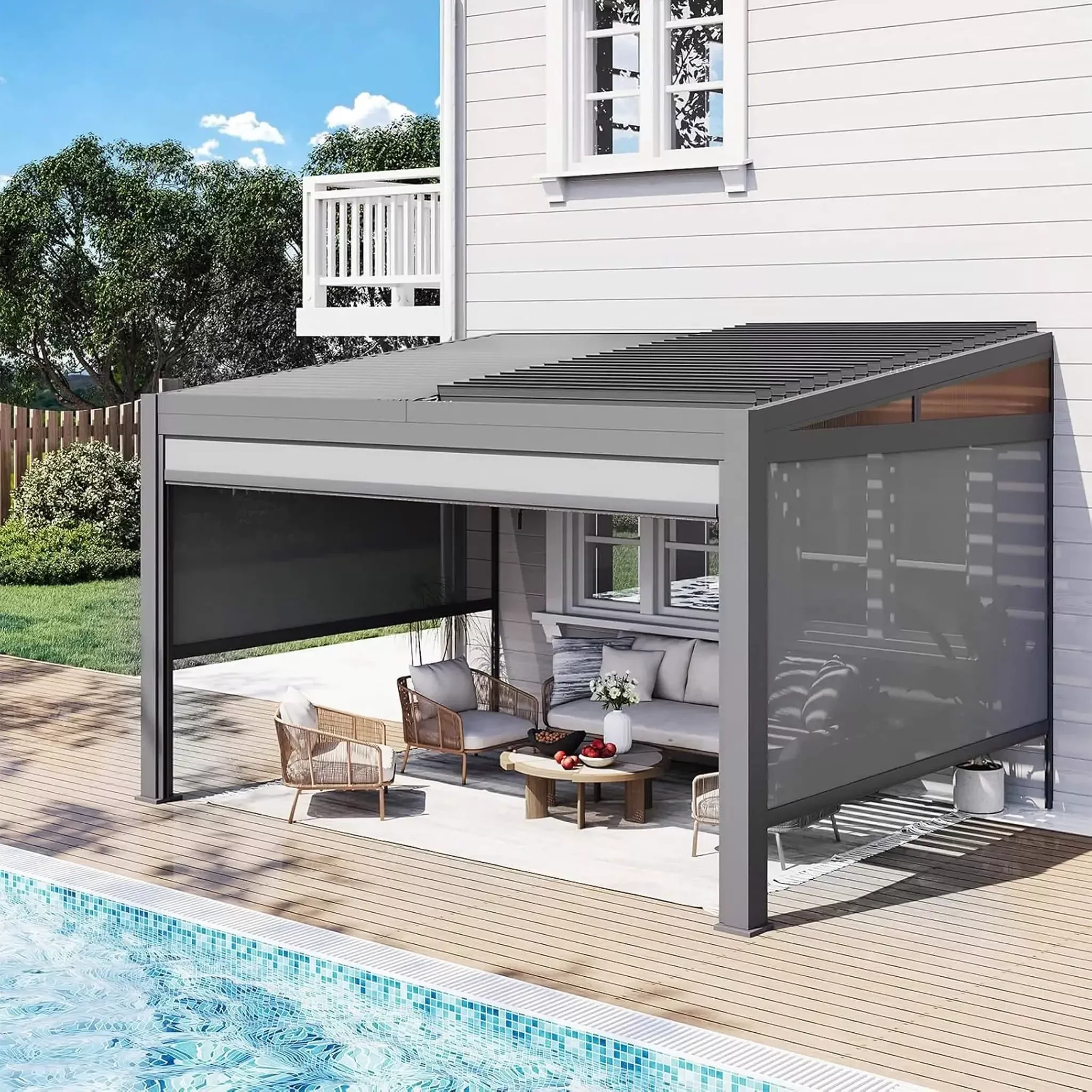 Alora Luxury Wall-Mounted Aluminum Louvered Pergola With Pull-Down Screens (SAK91537)