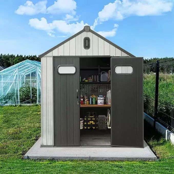 Domi 6x4 FT Outdoor Resin Storage Shed, All-Weather Double-Wall Storage Building for Backyard, Garden, Lawn Tools, Mower, Bike & Pool Equipment, Lockable Doors, Ventilated Roof, Grey