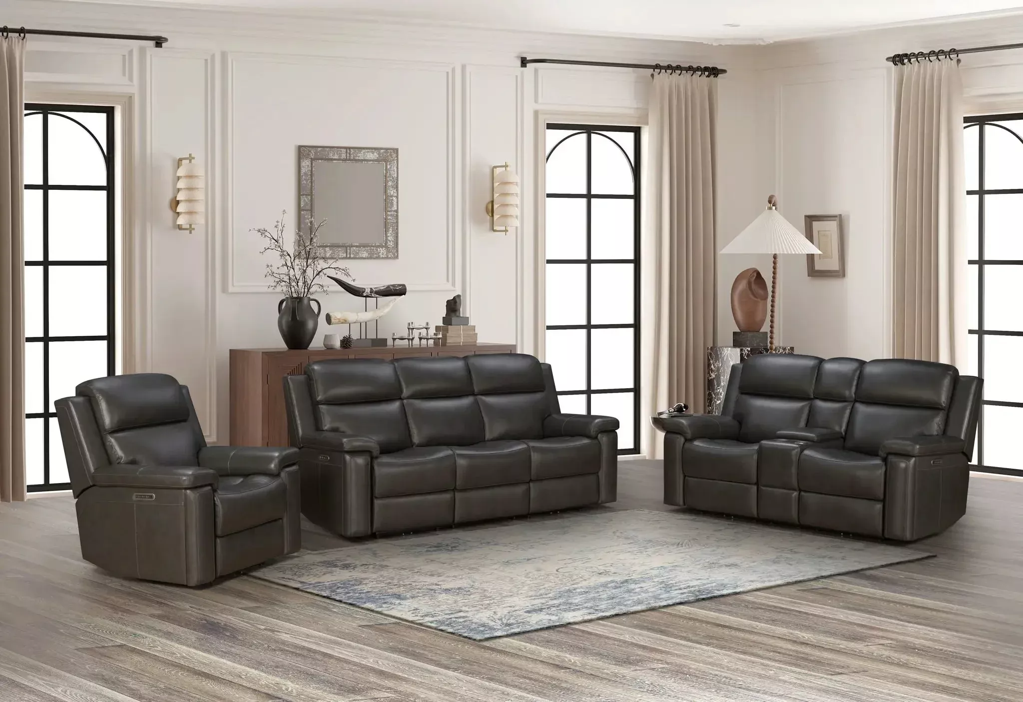 Leon - Power Console Loveseat Recliner With Power Headrest, Power Lumbar, Heat And Massage - Smokey Gray
