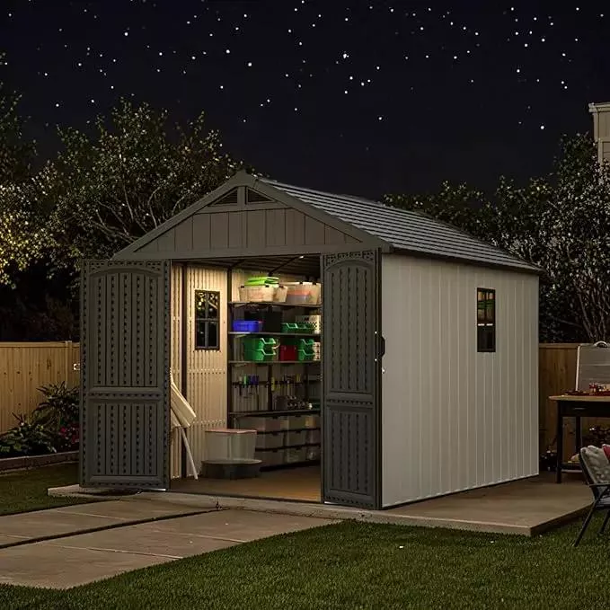 Patiowell 8 x 10 FT Resin Outdoor Storage Shed with Floor and Light, Large Plastic Barn with Lockable Door for Garden Tools, Backyard, Bike Storage, Easy Installation in Beige (Kick-it Shed)